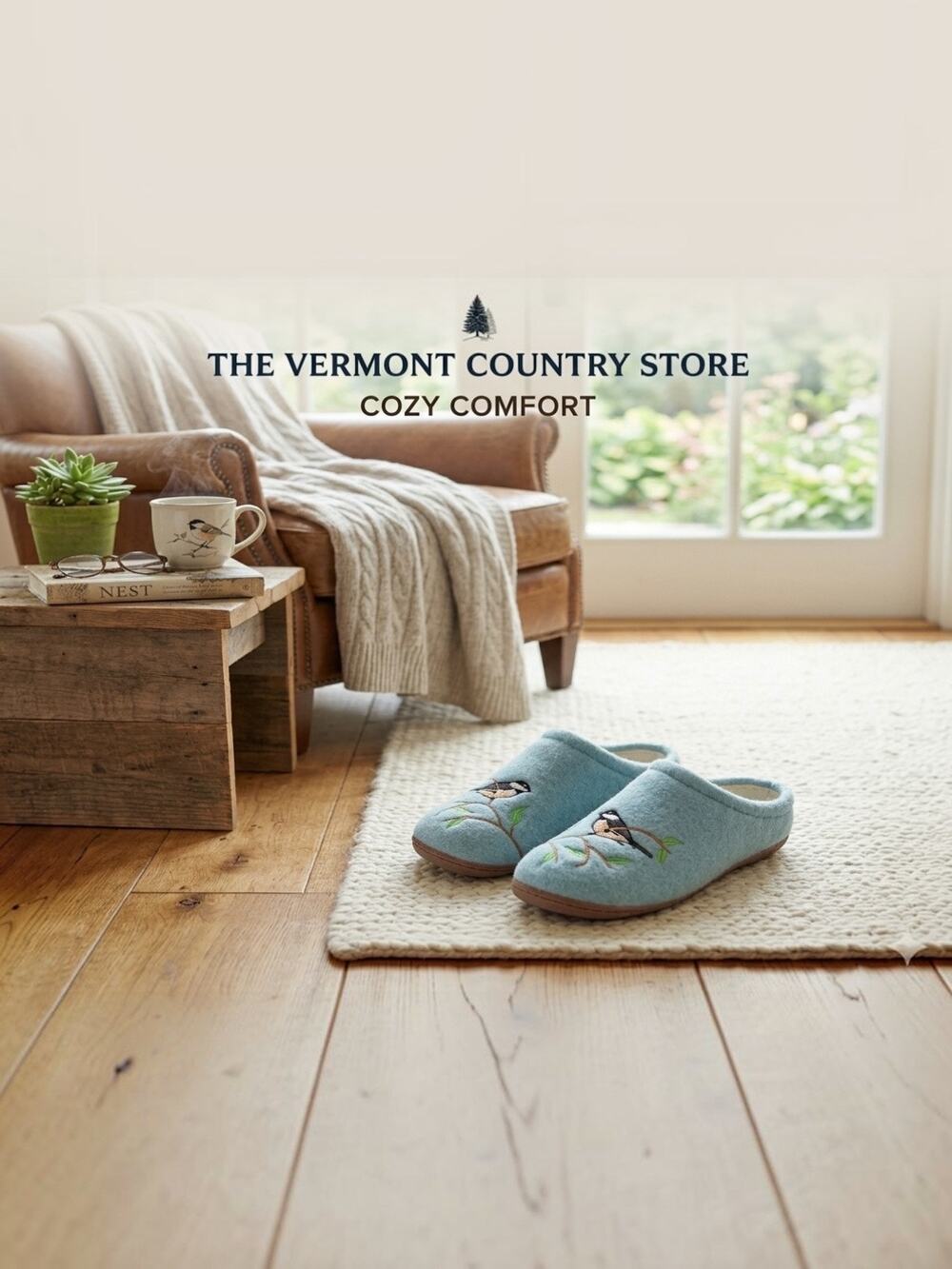 The Vermont Country Store Cozy Chickadee Embroidered Slippers – Size 9